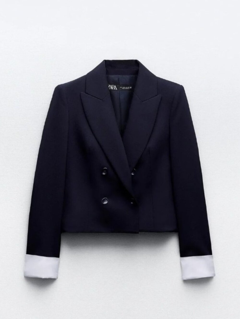 Zara Navy Double-Breasted Blazer with White Cuffs